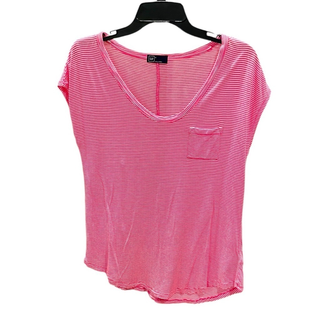 GAP cap sleeve scoop neck striped  pocket tunic tee SZ S pink white